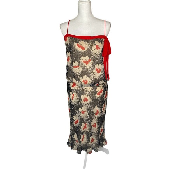 Laundry by Shelli Segal Sz 10 silk Chiffon Floral Red MIDI Dress Cinch Waist - Picture 1 of 11